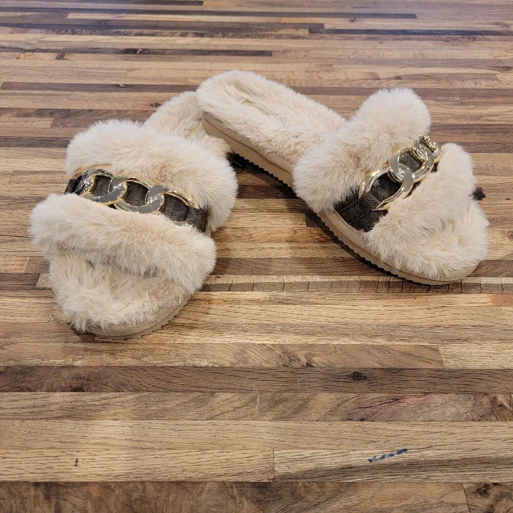 Michael Kors Scarlett Chain Cozy Faux Fur Slippers in camel multi color